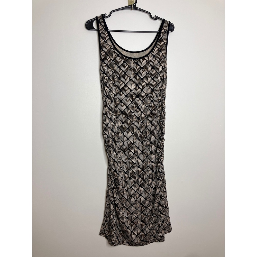 Liz Lange Maternity Dress Women Medium Tan Black Excellent Ruched Geometric
